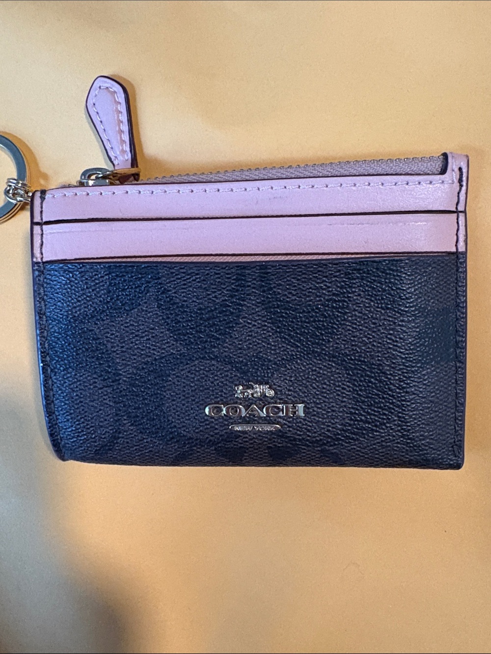 Coach Compact Leather Zip Card Case Wallet - brown & Light Pink